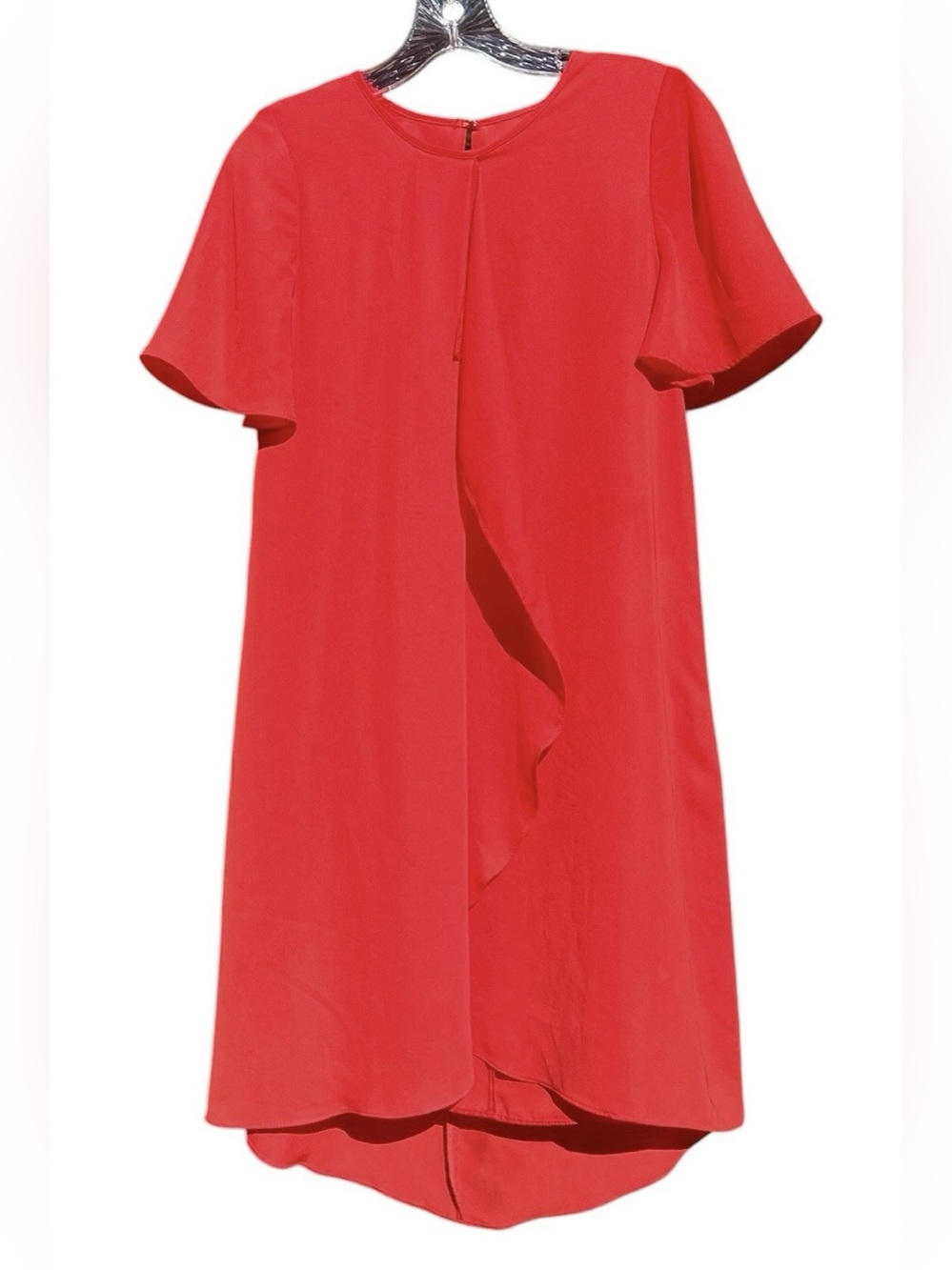 BCBGMaxazria Shift Dress Poppy Red Cascading Ruffle Short Sleeve Size XS Chic